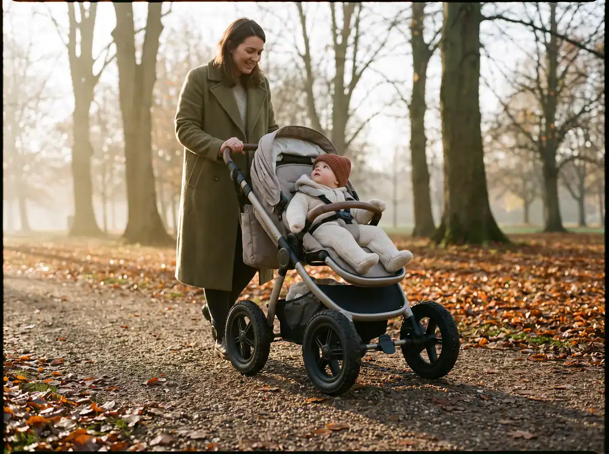 Parent pushing a pushchair through a park